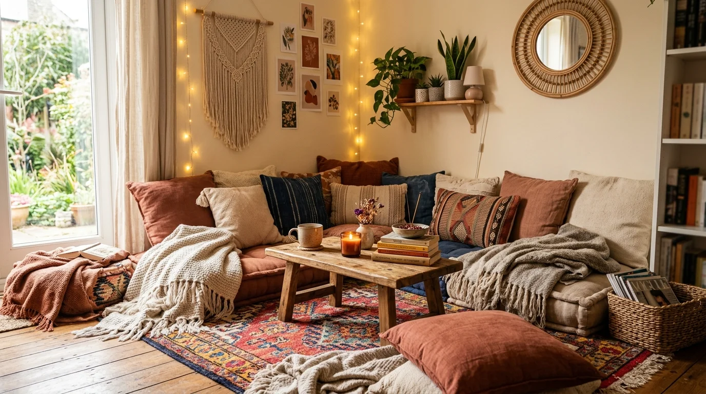 A cozy corner with floor cushions a low table and soft throws warm lighting inviting relaxed boho nook no people