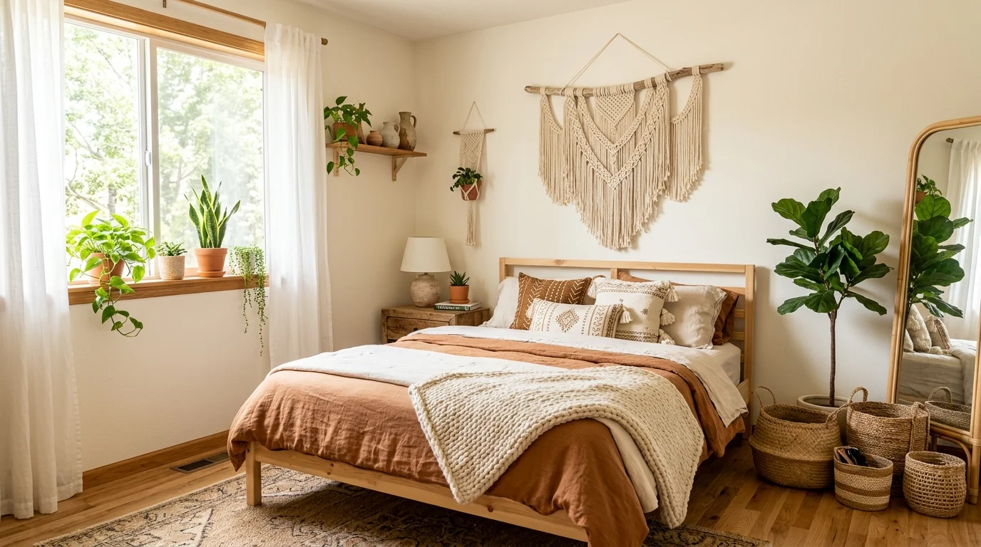 A bedroom with macrame decor wooden accents and woven baskets bright natural daylight earthy bohemian aesthetic no people