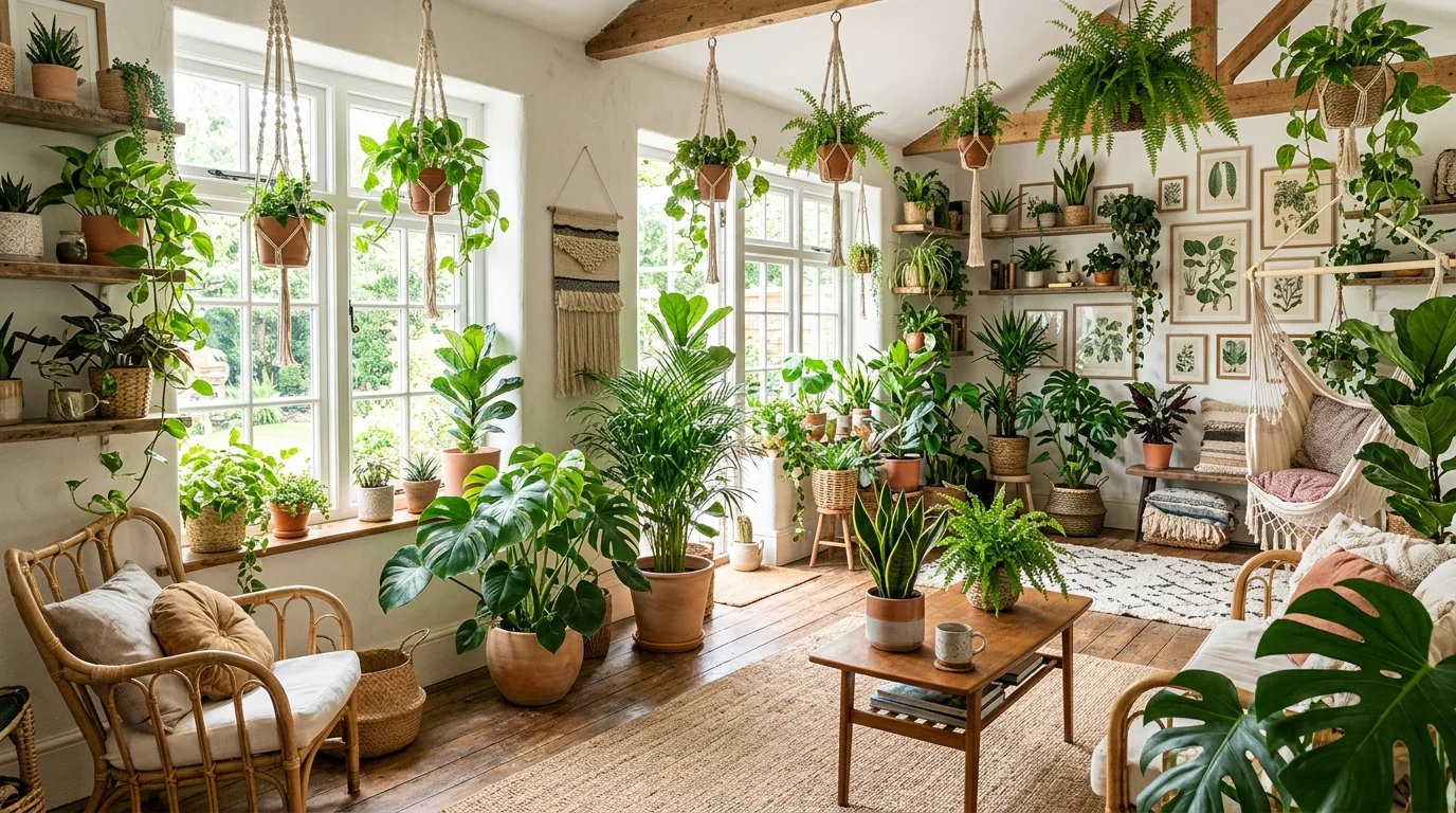 A room filled with plants in different sizes creating a lush indoor jungle bright natural light fresh boho environment no people