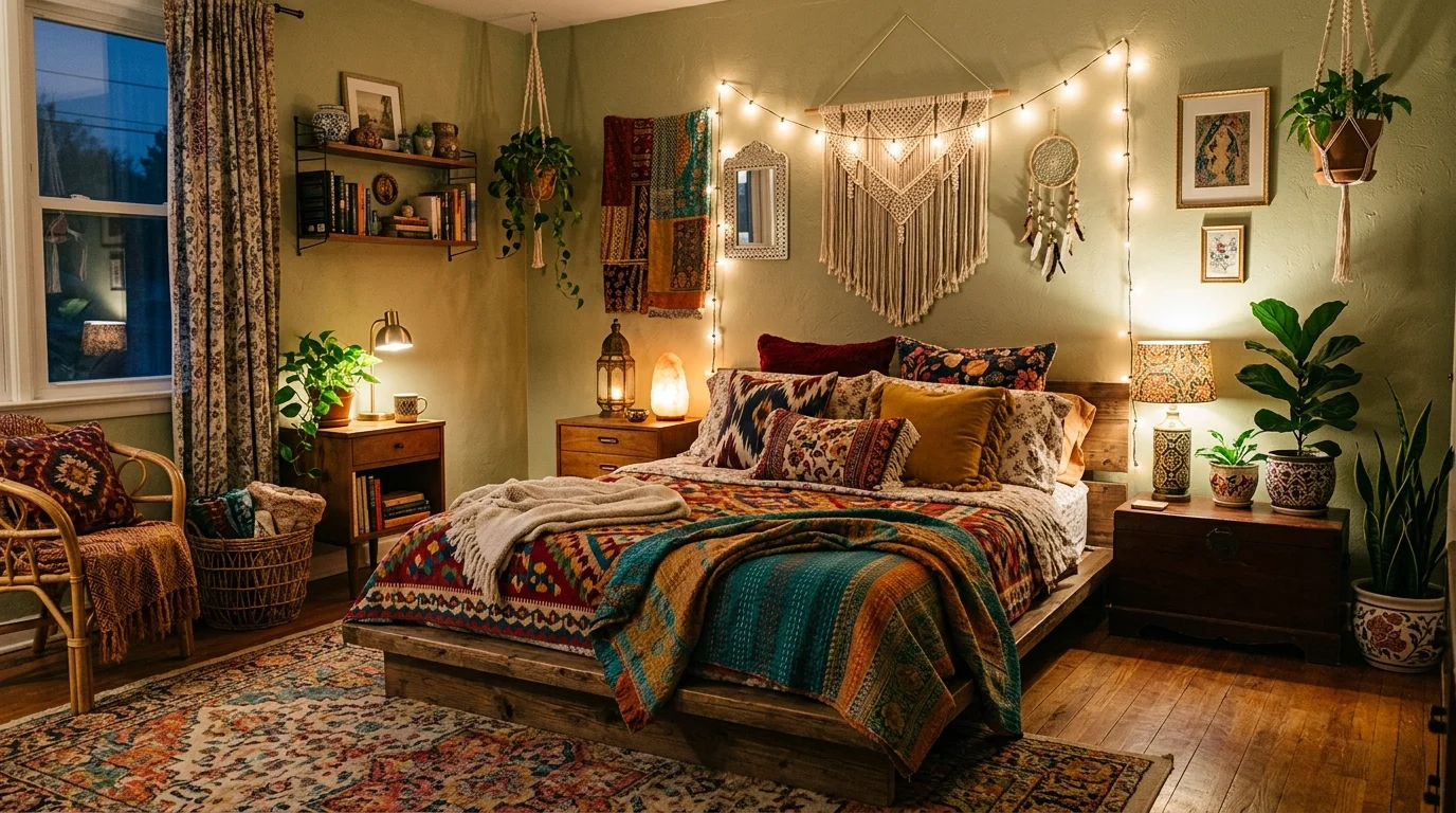 A bohemian bedroom with a mix of colors patterns and textures creating a rich layered look soft lighting cozy eclectic feel no people
