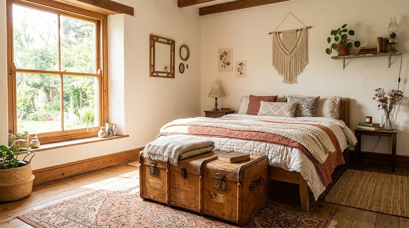 A bedroom with a vintage trunk used as a bench at the foot of the bed bright natural light rustic boho charm no people