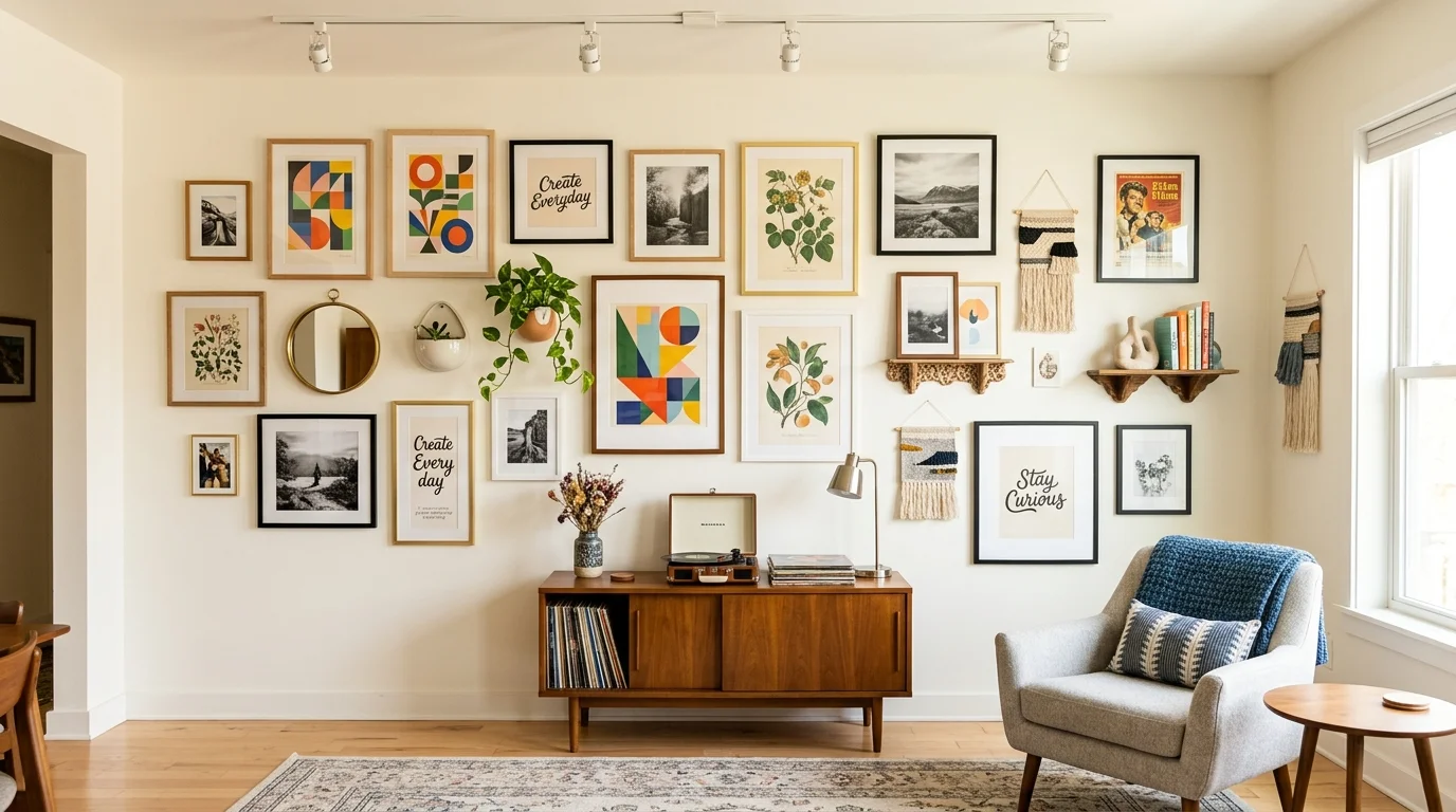 A space with a gallery wall of art prints and decor arranged creatively bright lighting personalized artistic design no people
