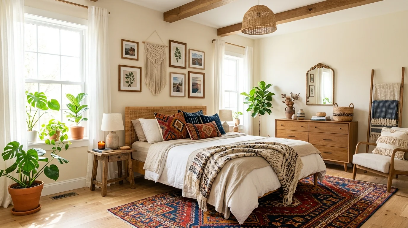 A bedroom with neutral tones accented by bold textiles and decor bright natural daylight balanced bohemian style no people