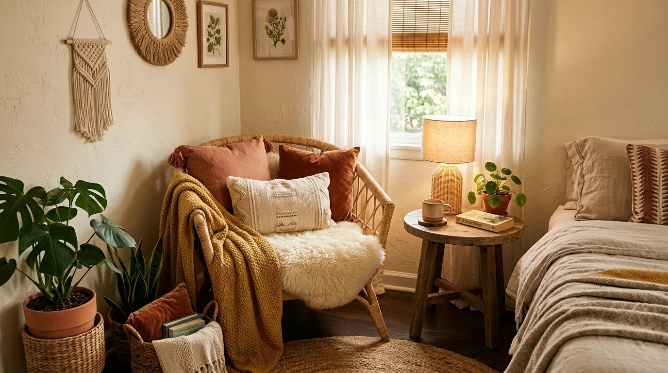 A cozy bedroom corner with a wicker chair soft cushions and a small side table warm lighting relaxing boho retreat no people