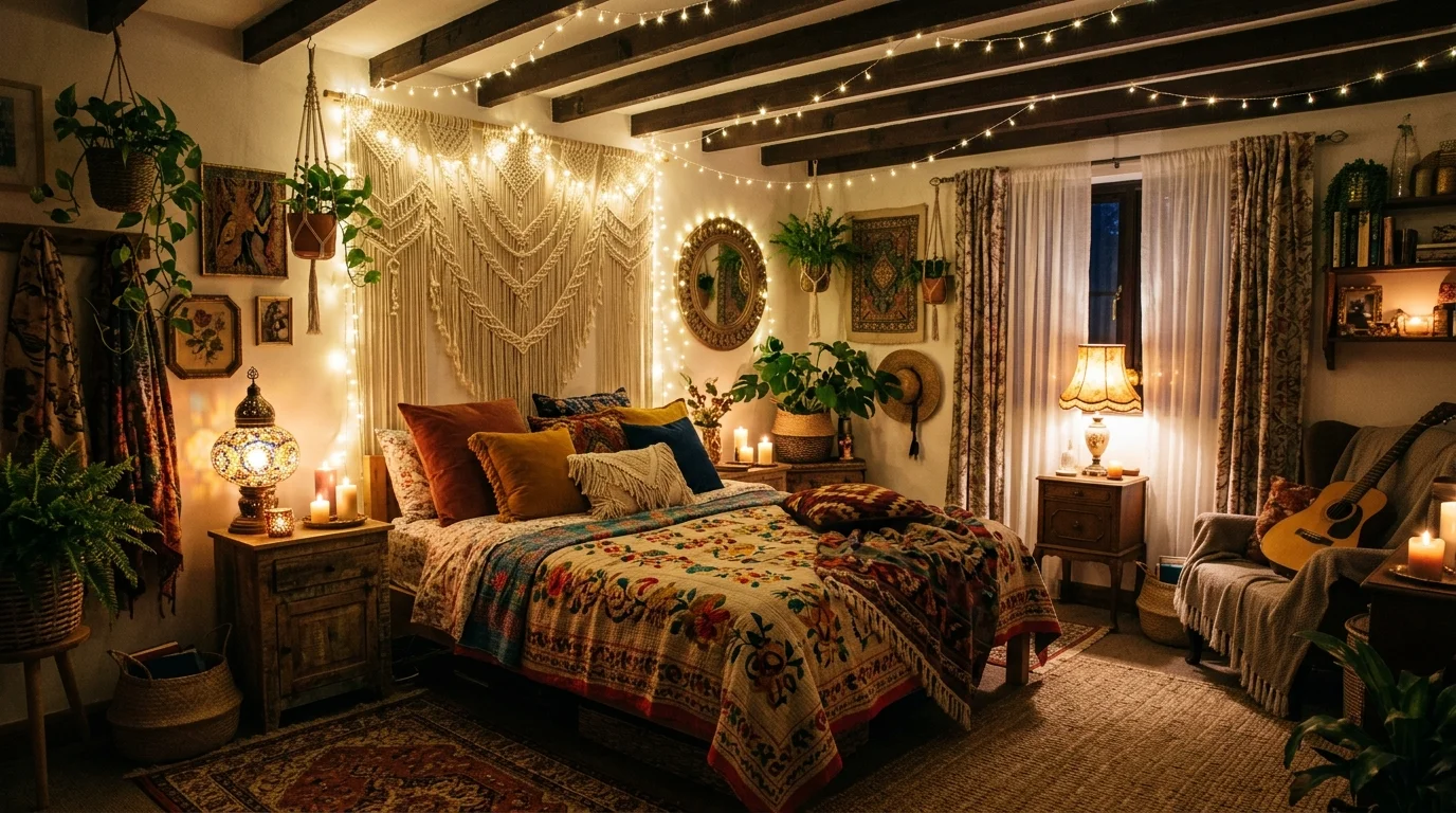 A bohemian bedroom with layered lighting including fairy lights lamps and candles soft warm lighting magical eclectic ambiance no people