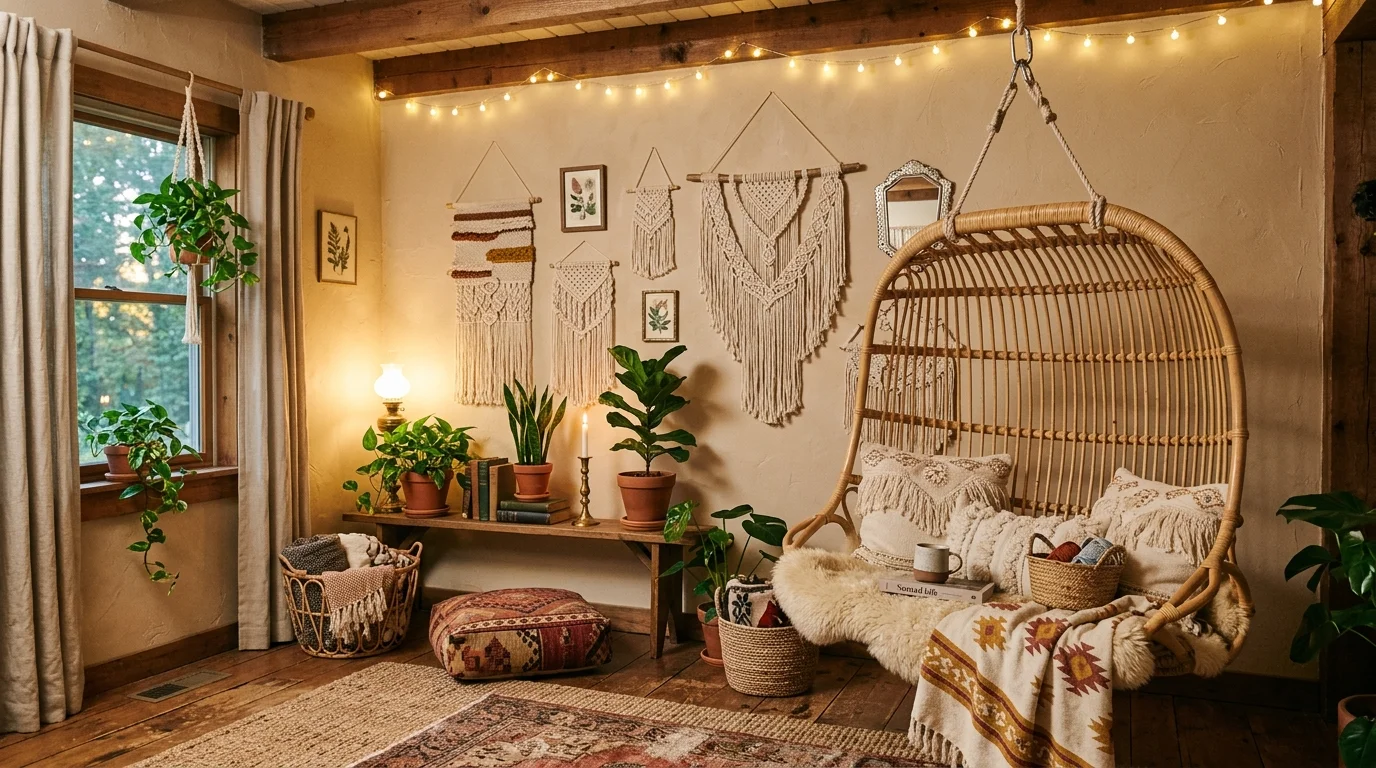 A cozy space with a rattan hanging chair macrame wall hangings and soft textiles warm ambient lighting free spirited bohemian aesthetic no people