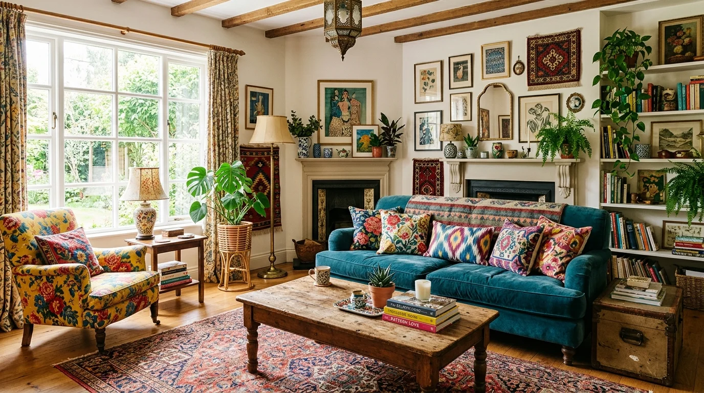 A living room with mismatched furniture pieces and bold patterned fabrics bright natural light creative eclectic design no people