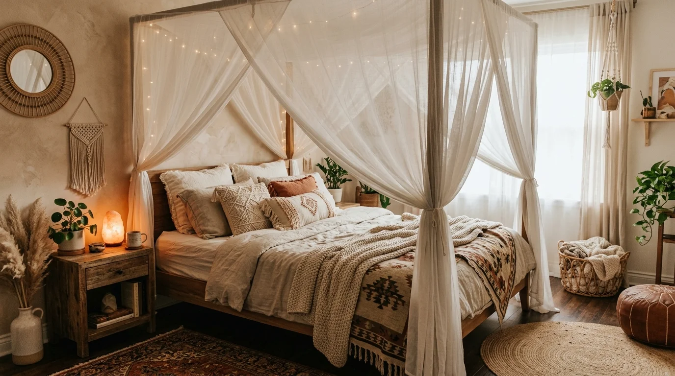 A bedroom with a canopy bed draped in sheer fabric and layered with textured blankets soft lighting dreamy boho atmosphere no people
