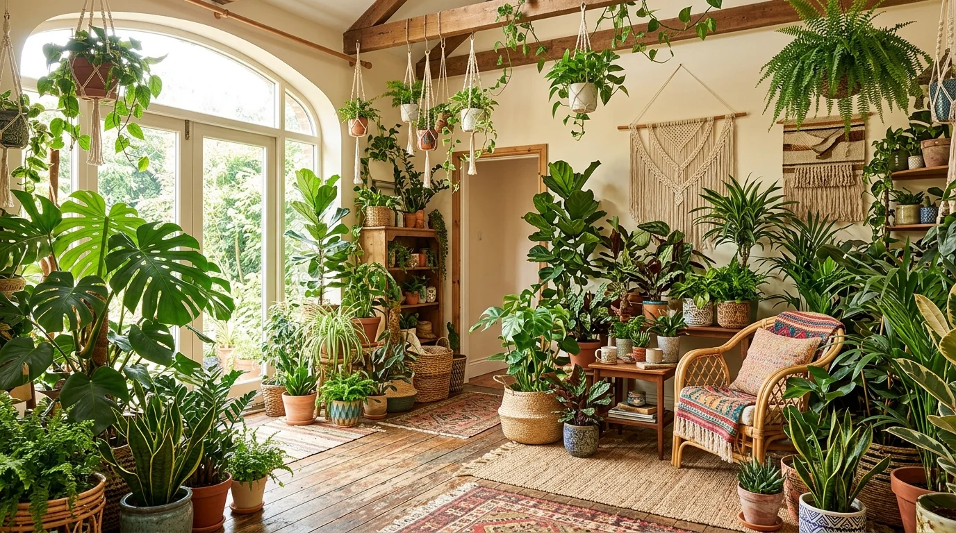 A room filled with plants in different sizes creating a lush indoor jungle bright natural daylight fresh bohemian environment no people