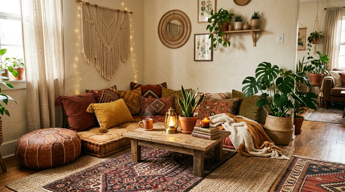 A boho corner with floor cushions a small table and layered rugs warm lighting inviting relaxed seating area no people