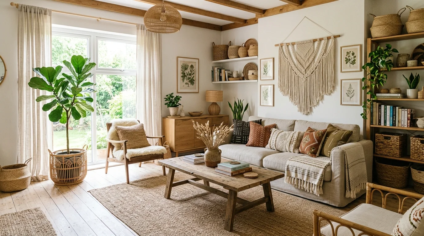 A living space with woven baskets wooden furniture and natural textures bright lighting earthy boho style no people