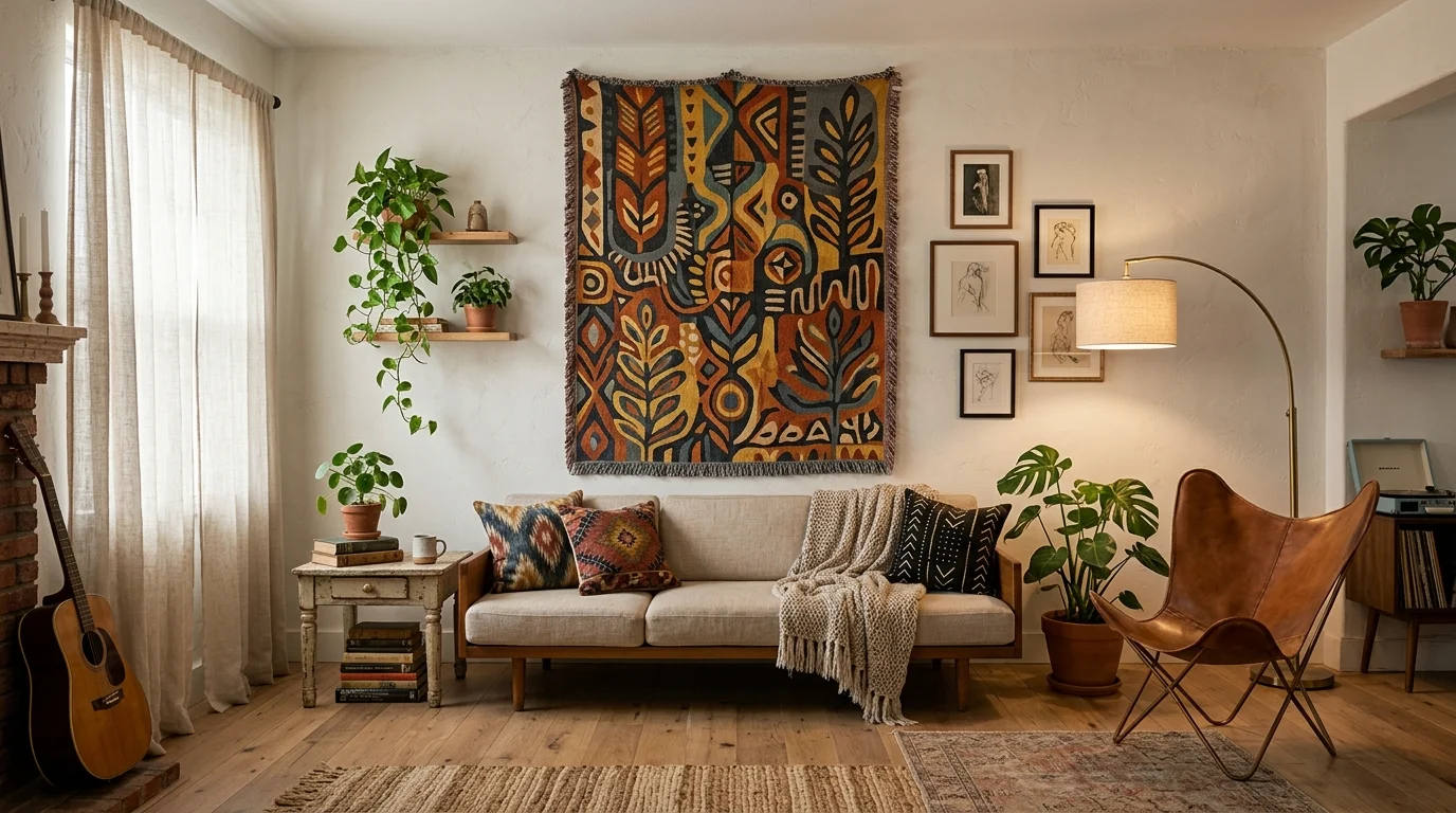 A room with a bold tapestry on the wall paired with simple furniture soft lighting artistic free spirit decor no people