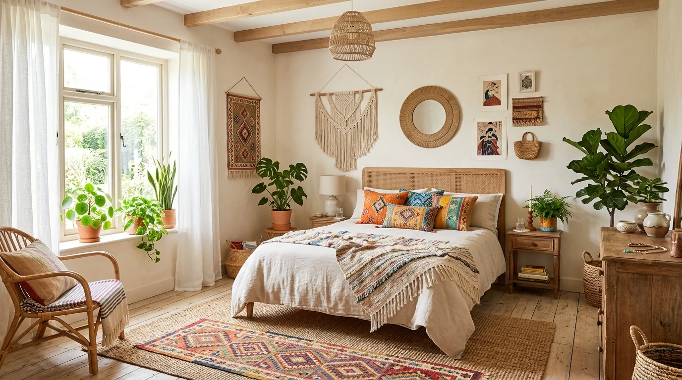 A bedroom with neutral tones accented by colorful textiles and decor bright natural daylight balanced bohemian design no people