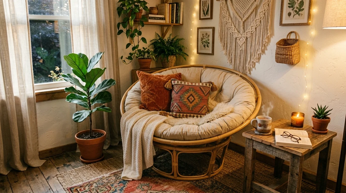 A cozy nook with a wicker chair soft cushions and a small side table warm lighting relaxing boho retreat no people