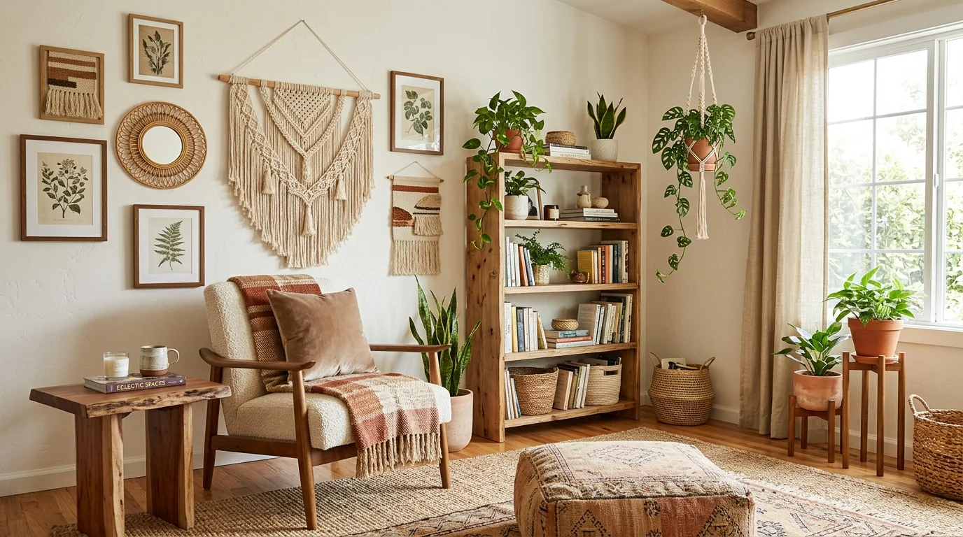 A space with a mix of textures including wood fabric and macrame bright lighting harmonious eclectic styling no people