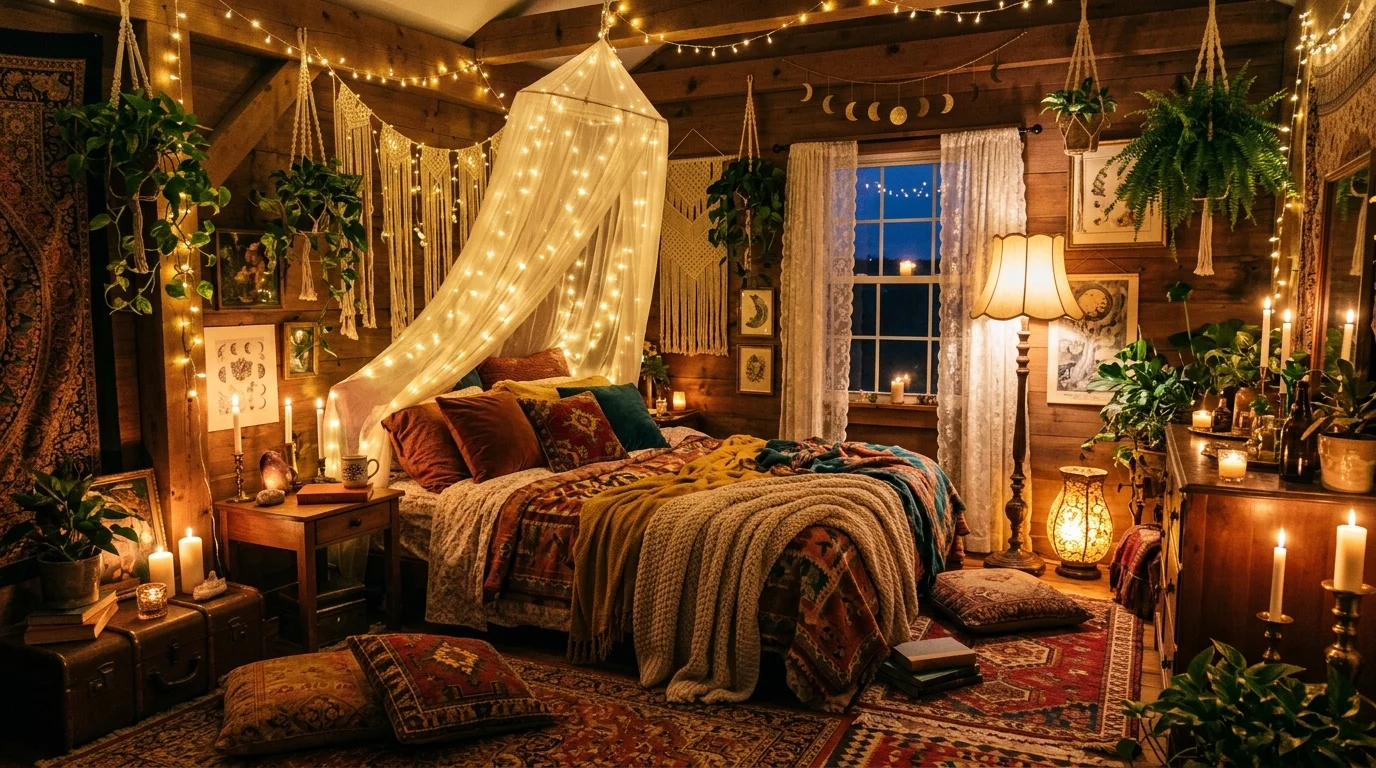 A bohemian room with layered lighting including fairy lights lamps and candles soft warm lighting cozy magical ambiance no people