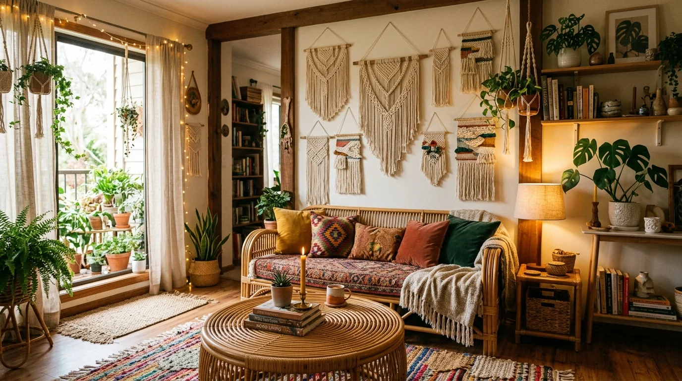 A cozy bohemian space with macrame wall hangings rattan furniture and layered textiles warm ambient lighting relaxed artistic atmosphere no people