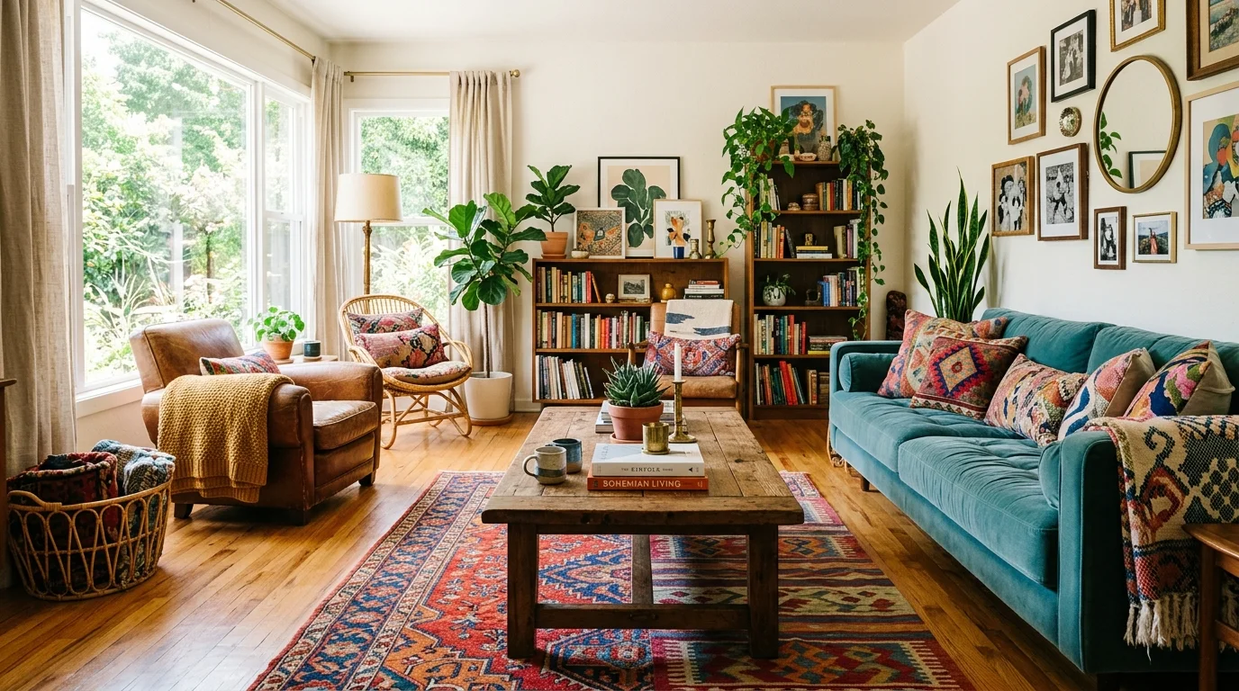 A living room with a mix of colorful rugs patterned cushions and a wooden coffee table bright natural light vibrant eclectic styling no people