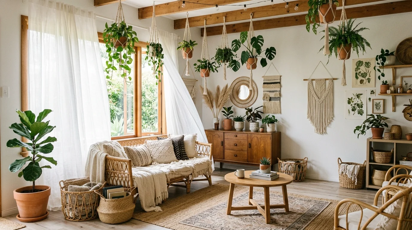 A boho room with hanging plants woven baskets and light flowing curtains bright daylight airy natural design no people