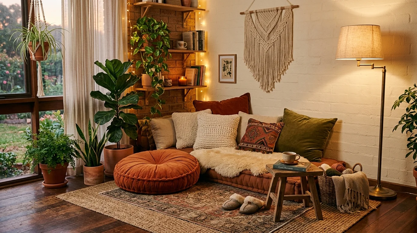 A cozy corner with a floor cushion seating arrangement surrounded by plants and soft decor warm lighting relaxed free spirited nook no people
