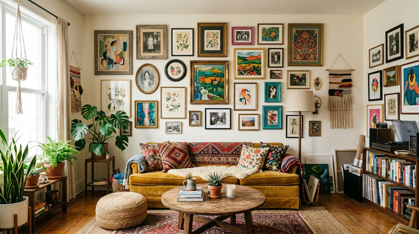 A bohemian living room with a gallery wall of eclectic art pieces and mixed frames bright lighting creative expressive space no people