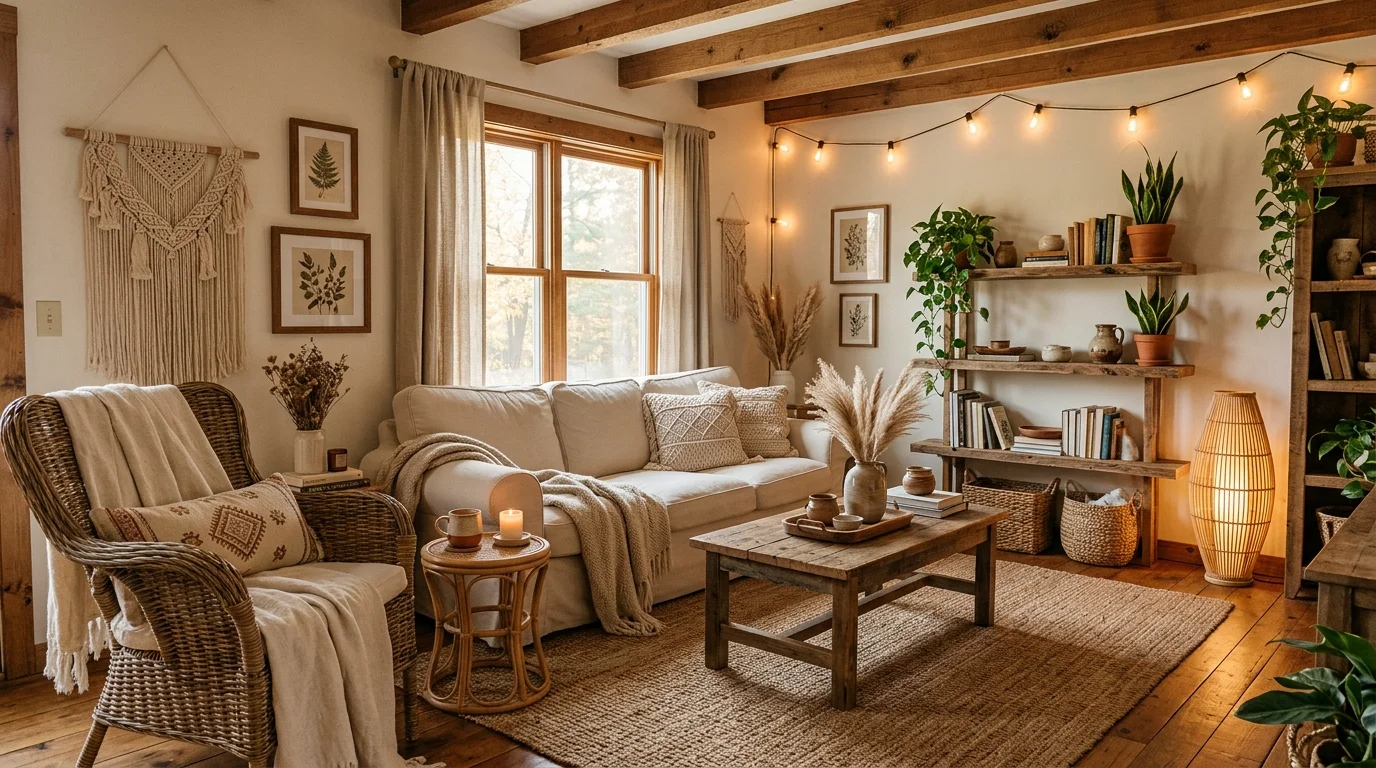A room with a mix of textures including wood fabric and wicker elements paired with neutral tones soft lighting warm inviting boho vibe no people