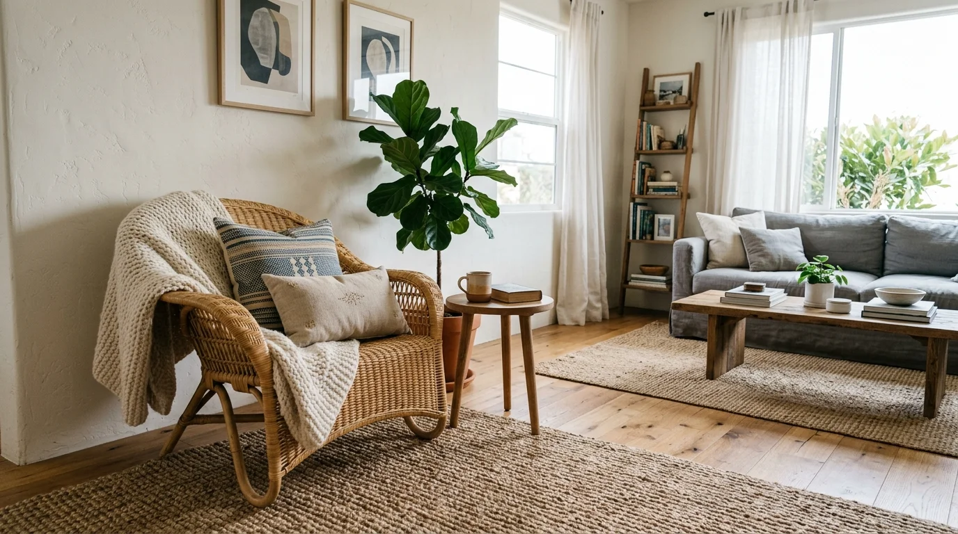 A living room with a statement rattan chair layered with a blanket and pillows bright natural light relaxed stylish decor no people