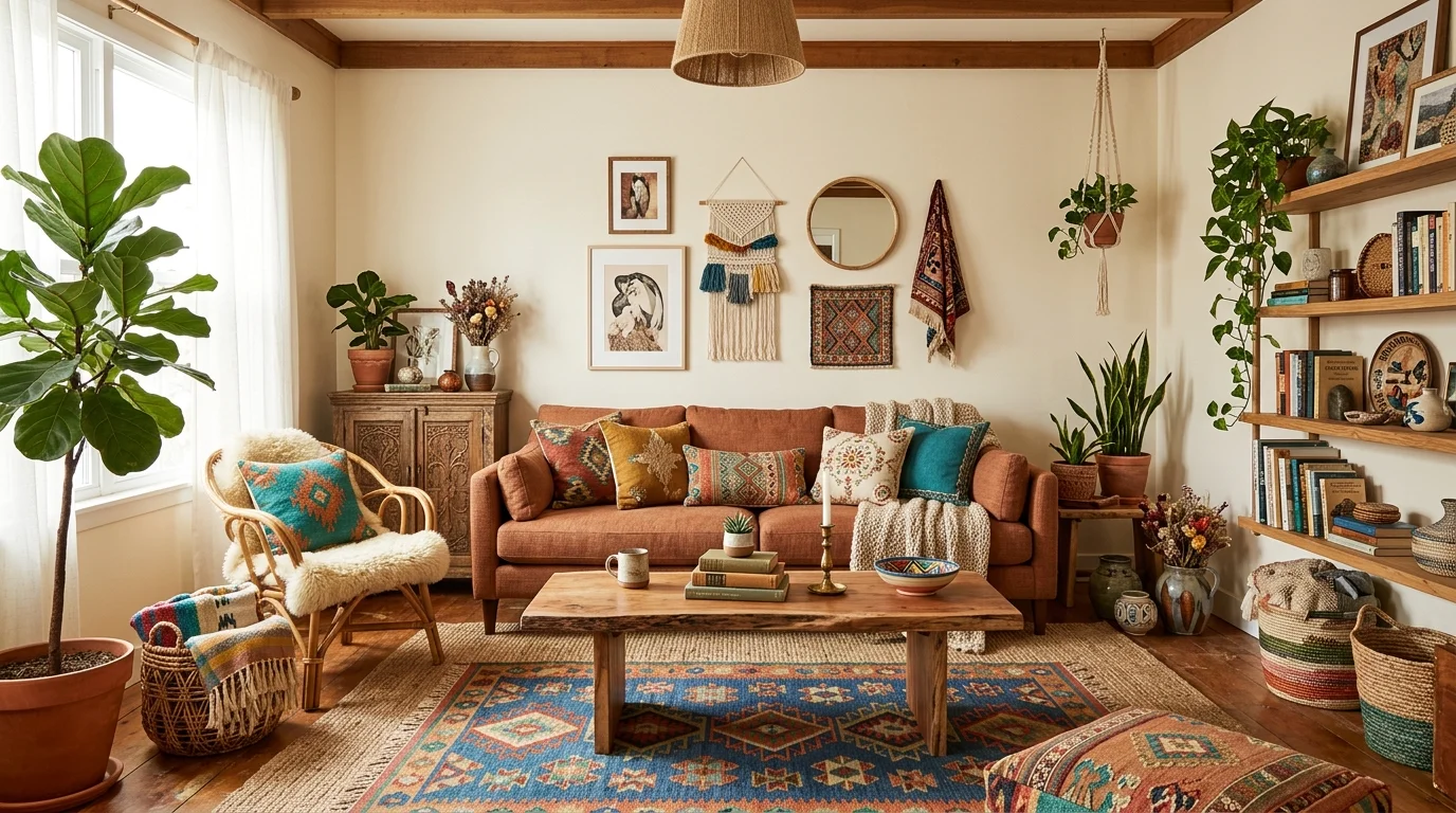 A boho living room with earthy tones mixed with pops of color in decor and textiles soft natural lighting balanced eclectic aesthetic no people