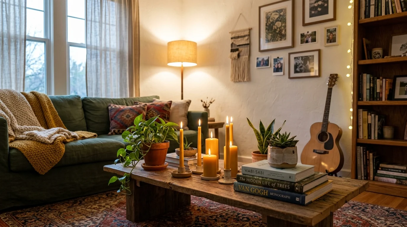 A room with a low wooden coffee table styled with candles books and plants warm soft lighting cozy artistic feel no people