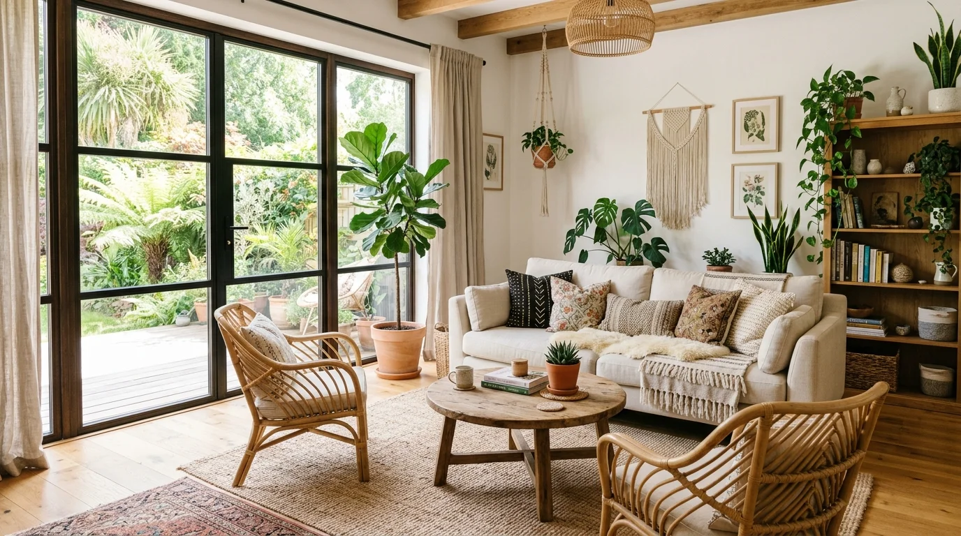 A bright boho living room with large windows letting in natural light paired with light decor and greenery airy relaxed environment no people