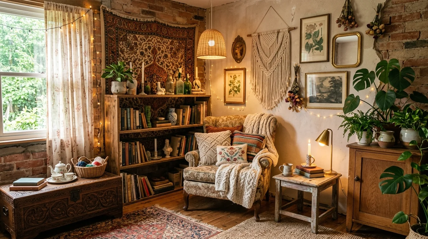 A bohemian space with a mix of vintage and handmade decor items arranged creatively soft lighting unique personalized design no people