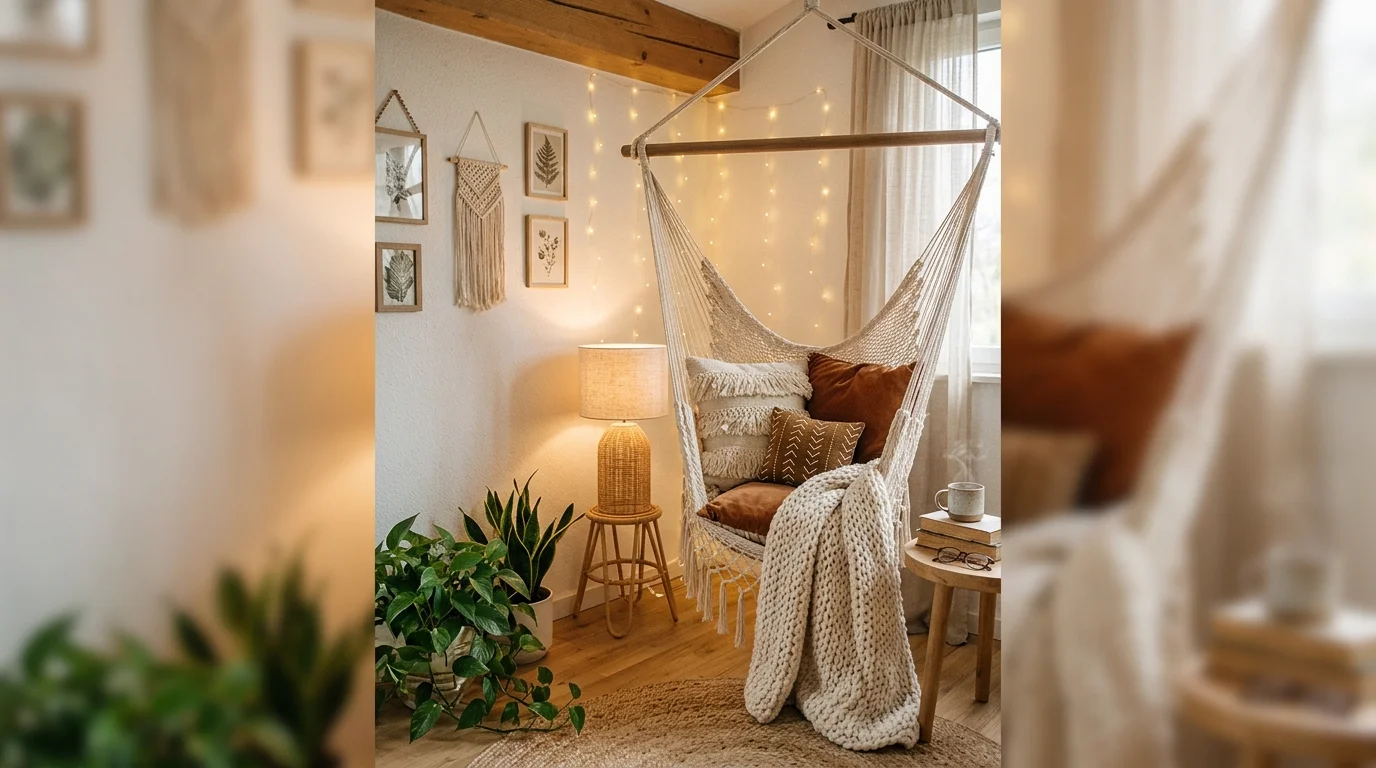 A cozy boho nook with a woven hammock chair layered with pillows soft lighting relaxing peaceful corner no people