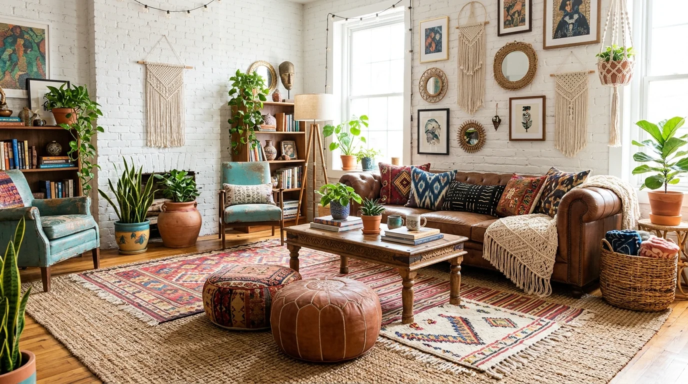 A living room with layered rugs poufs and mixed patterns bright lighting playful free spirited boho design no people