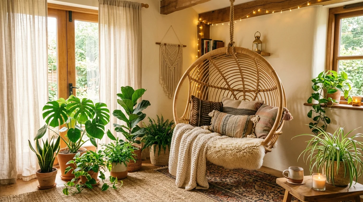 A cozy space with a rattan hanging chair surrounded by plants and soft textiles warm ambient lighting relaxed boho aesthetic no people