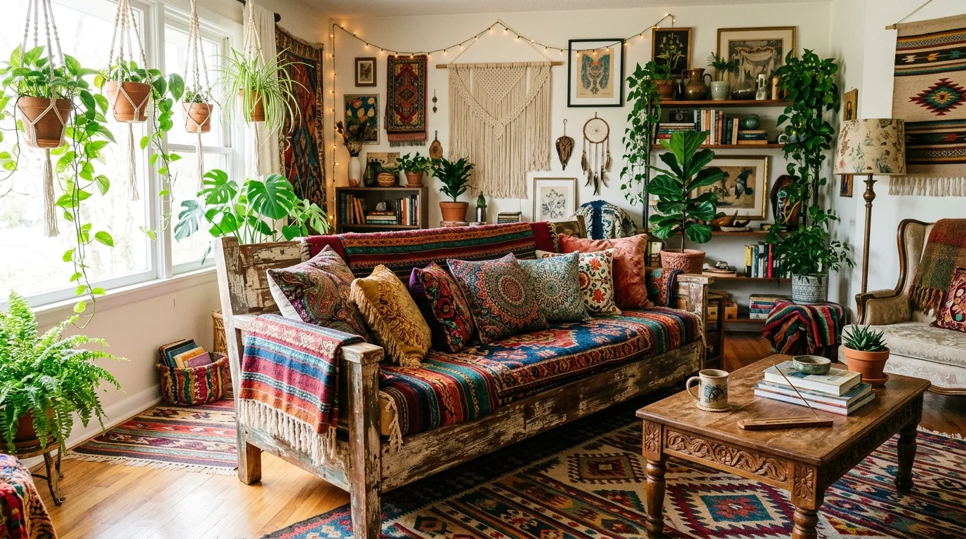 A living room with a distressed wooden sofa layered with colorful throws and pillows bright natural light eclectic hippie decor no people