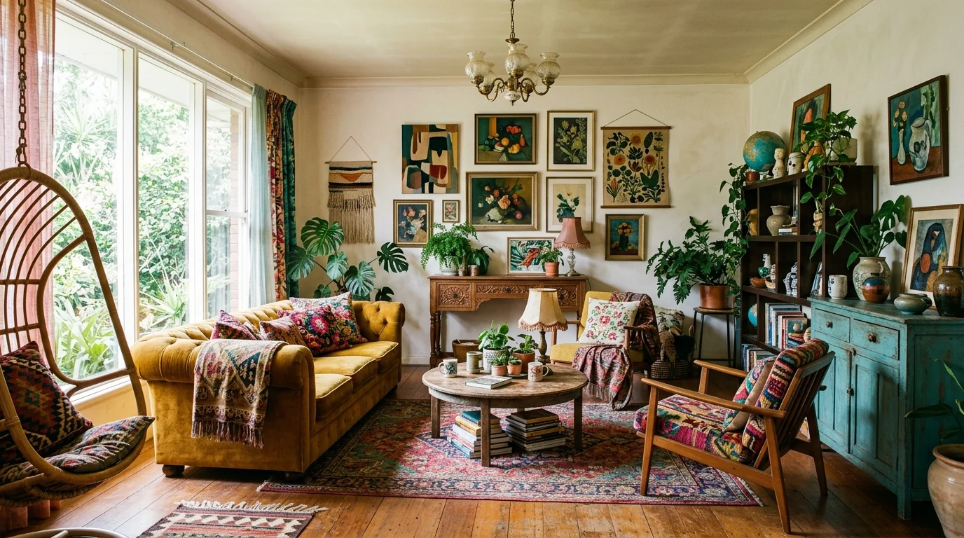 A room with mismatched vintage furniture pieces paired with bold textiles bright lighting artistic free spirited design no people