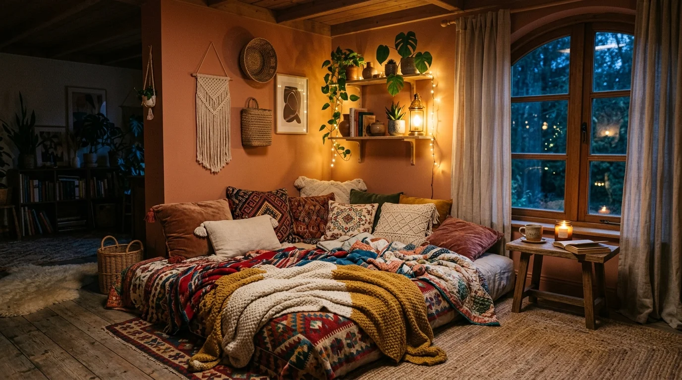 A cozy corner with a floor mattress layered with patterned blankets and cushions soft lighting laid back bohemian vibe no people