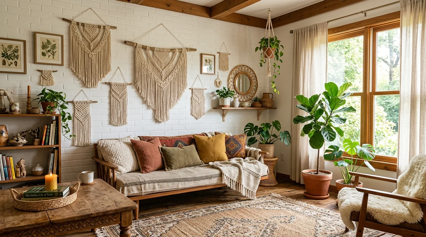 A room with macrame wall hangings wooden furniture and woven decor elements bright natural daylight earthy hippie aesthetic no people