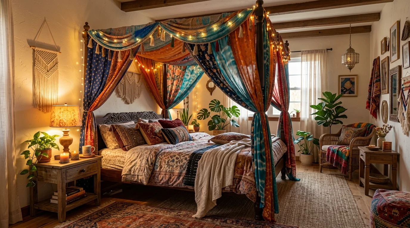 A bohemian bedroom with a canopy bed draped with colorful fabric soft lighting dreamy relaxed atmosphere no people