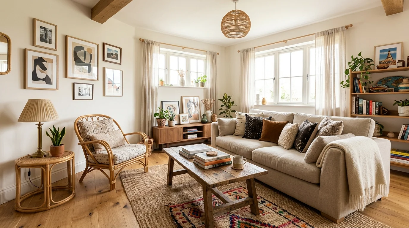 A living space with a mix of textures including wood rattan and fabric bright lighting cozy eclectic design no people