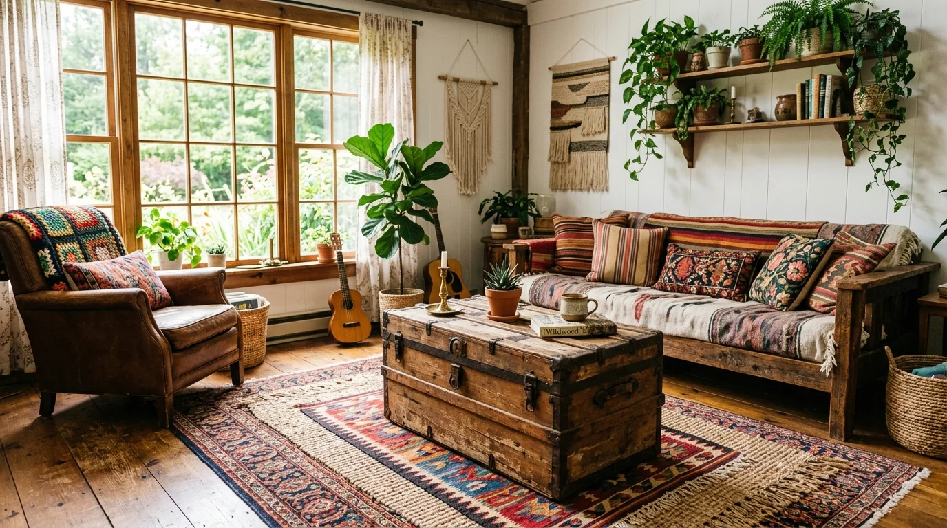 A room with a vintage trunk used as a coffee table paired with layered rugs bright natural light rustic hippie style no people