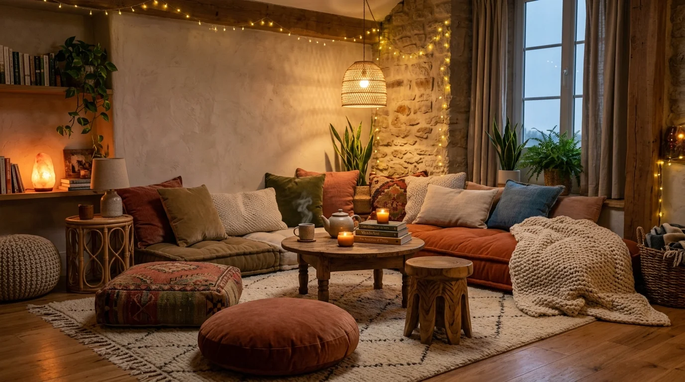 A cozy seating area with poufs floor cushions and low tables soft lighting inviting relaxed gathering space no people