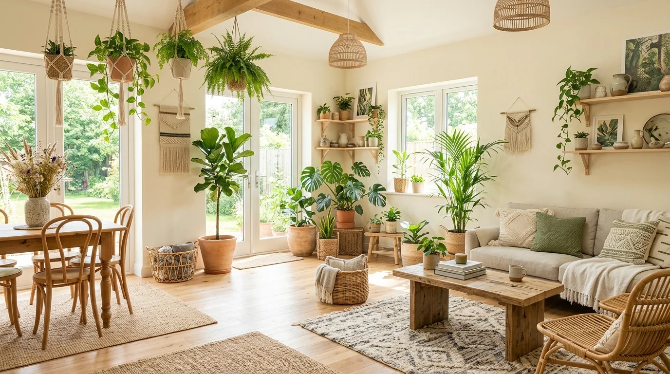 A space filled with plants and natural materials paired with simple furniture bright natural daylight fresh bohemian environment no people
