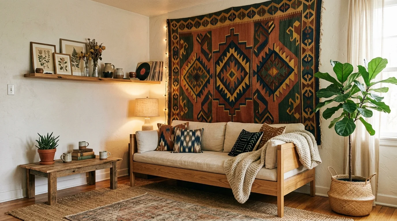 A room with a bold tapestry backdrop paired with simple wooden furniture soft lighting artistic free spirit decor no people