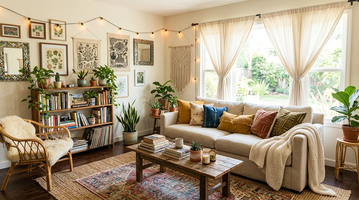 A laid back living room with mixed colors patterns and textures creating a cozy hippie bohemian atmosphere bright lighting relaxed home vibe no people