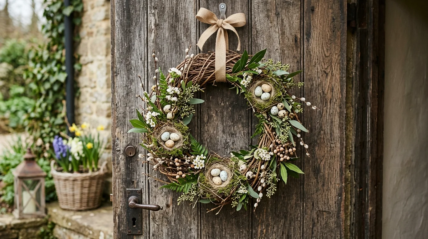 A rustic wreath crafted from twigs with small nests speckled eggs and delicate greenery mounted on a wooden door soft sunlight charming farmhouse Easter decor no people