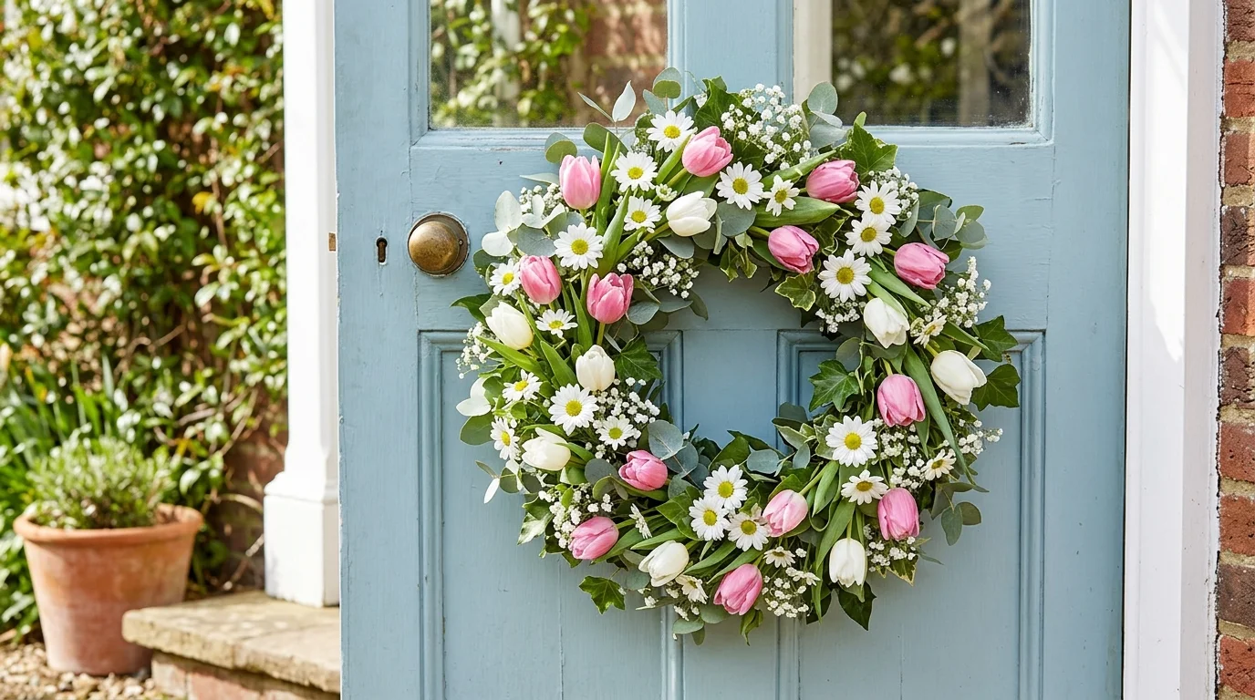 A floral wreath with tulips daisies and soft greenery arranged in a circular design bright daylight fresh vibrant spring entrance no people