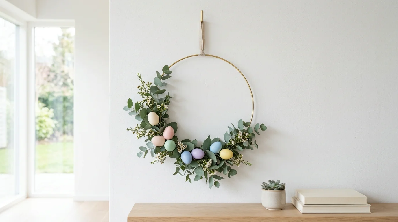 A minimalist wreath with a simple metal hoop decorated with a few pastel eggs and eucalyptus leaves bright natural light modern clean Easter style no people