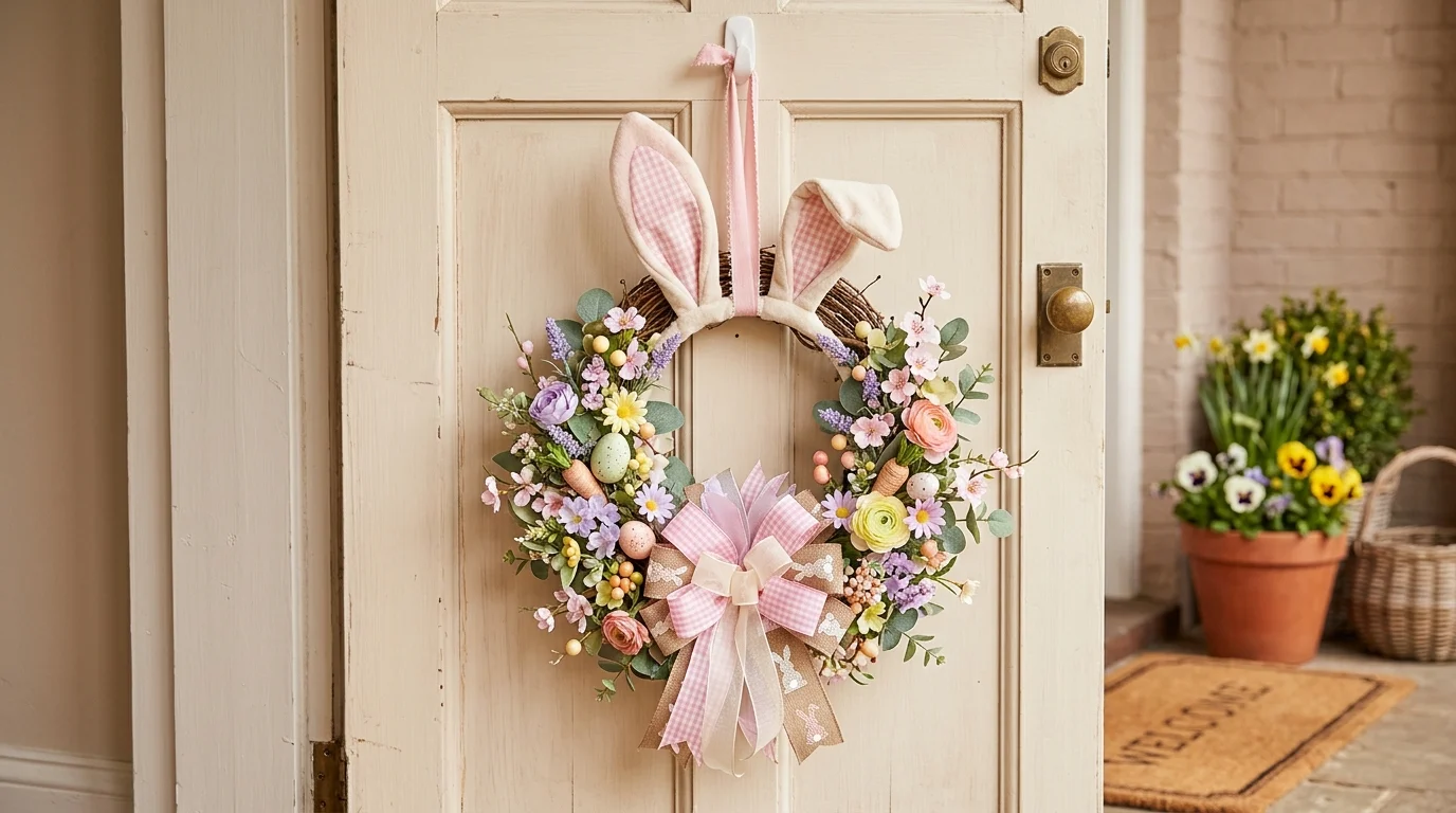 A bunny themed wreath with soft fabric ears pastel ribbons and small flowers hung on a light colored door soft lighting playful welcoming decor no people