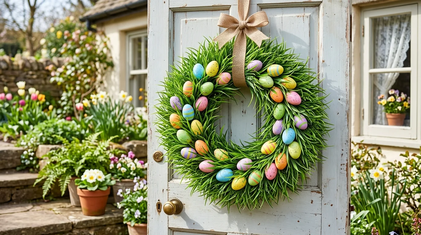 A wreath made of faux grass with colorful eggs tucked throughout creating a lush green look bright daylight fresh lively spring vibe no people